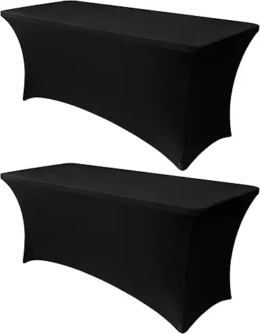 Obstal 6ft Stretch Black Spandex Table Cloth for Standard Folding Tables - 2 Pack Universal Rectangular Fitted Tablecloth Protector for Wedding, Trade Show, Vendor Stand