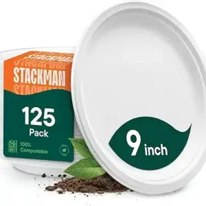 100% Compostable Paper Plates, Heavy Duty Disposable Plates [125-Pack] 9 Inch Plates - Eco-Friendly, Biodegradable Sugarcane Bagasse, Natural White 9" Sturdy Dinner Paper Plate Disposable