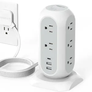 Tower Power Strip Flat Plug with 11 Outlets 3 USB (1 USB C), TESSAN Surge Protector Tower