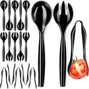 Disposable Plastic Serving Set - 18 Black Utensils, 6" Tongs, 10' Spoons, 10' Forks