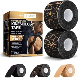 Care Science Waterproof Kinesiology Tape, 40 ct Precut Strips (2 Rolls), Copper Infused | Water Resistant Strips, Elastic Athletic Tape for Sports