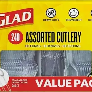 Glad Clear Disposable Cutlery Set with Heavy Duty Plastic Forks, Knives, and Spoons, Reusable Dishwasher Safe Plastic Utensils for Parties and Everyday Use, 240 Count