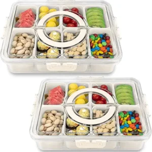 Divided Serving Tray with Lid and Handle,8 Compartments Snacks Box,Snack Fruit Tray,Veggie Tray,Portable Platter for Candy Fruits Nuts Snack Party Entertaining Picnic(2 PCS)