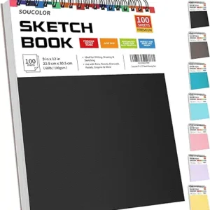 Soucolor 9" x 12" Sketch Book, 100 Sheets Top Spiral Bound Sketchbook with Acid-Free 68lb/100gsm Thick Drawing Paper