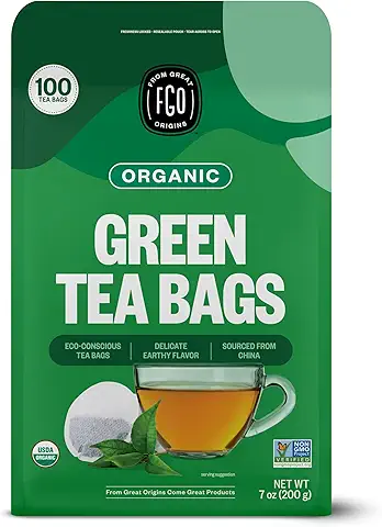 FGO Organic Green Tea, 100 Count Eco-Conscious Tea Bags, Caffeinated, Resealable Pouch