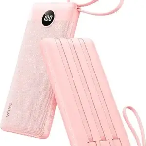 VRURC Portable Charger Power Bank, Built-in 4 Cables & 2 Ports,10000mAh Slim Battery Pack with LED Display