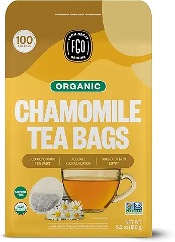 FGO Organic Chamomile Tea, 100 Count, Eco-Conscious Tea Bags, Resealable Bag