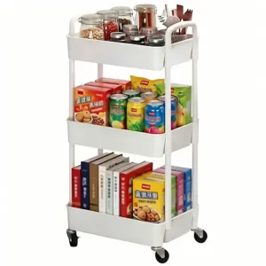 Sywhitta 3-Tier Plastic Rolling Utility Cart with Handle, Multi-Functional Storage Trolley