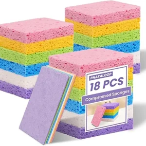 18 Pack Compressed Cellulose Sponges, 6 Color Assorted Kitchen Cleaning Sponges, Natural Wood Pulp, Scratch-Free