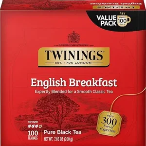 Twinings English Breakfast Black Tea Individually Wrapped Bags, 100 Count (Pack of 1), Smooth, Flavourful, and Robust, Caffeinated, Enjoy Hot or Iced, 100 Teabags
