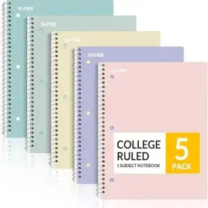 SUNEE Spiral Notebooks, 1-Subject, 5 Pack, College Ruled Paper, 8" x 10-1/2", 70 Sheets per Notebook,3-Hole Punched Paper