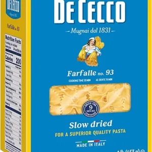 De Cecco Farfalle No. 93 Pasta, 16 Oz, Authentic, Slow Dried, Made with Durum Wheat