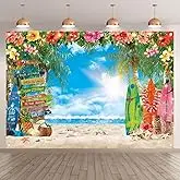 7x5ft Summer Hawaiian Beach Photography Backdrop Tropical Flower Palm Leaves Surfboard Background