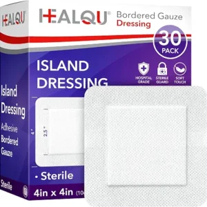 HEALQU Island Dressing - 4"x4", 30 Count - Bordered Gauze Sterile Individually Wrapped Gauze Pads, Water-Resistant, Non-Woven Backing - Soft and Breathable Wound Dressing for First Aid and Medical