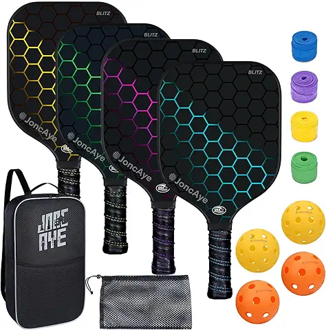JoncAye Pickleball Paddles Set of 4 or 2, USAPA Approved Fiberglass Rackets with Outdoor Indoor Balls, Bag, Overgrip, Lightweight for Family