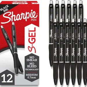 Sharpie S-Gel Gel Pens, Black Barrel, Medium Point (0.7mm), Black Gel Ink, 12 Count