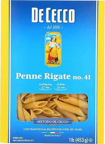 De Cecco Penne Rigate No. 41 Pasta, 16 Oz, Authentic, Slow Dried, Made with Durum Wheat