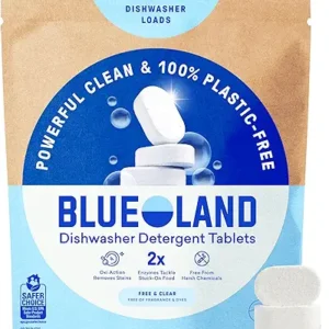 BLUELAND 100% Plastic-Free Dishwasher Detergent Tablets, 60 Count, Free & Clear