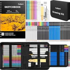 Caliart 176PCS Art Supplies Sketching Kit with 100 Sheets 3-Color Sketch Book, Graphite Colored Charcoal Watercolor & Metallic Pencils