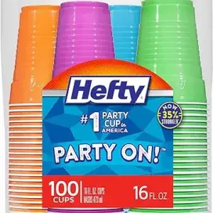 Hefty Party On Disposable Plastic Cups, Assorted, 16 Ounce, 100 Count