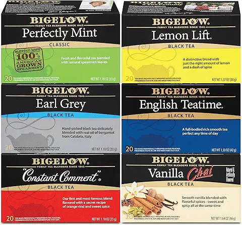 Bigelow Tea Black Tea 6 Flavor Variety Pack, Caffeinated Tea with Mint, Lemon, Constant Comment