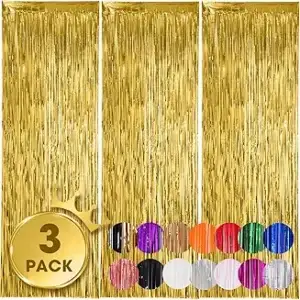 Voircoloria 3 Pack 3.3x8.2 Feet Gold Foil Fringe Backdrop Curtains, Tinsel Streamers, Fringe Backdrop