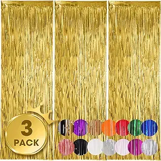 Voircoloria 3 Pack 3.3x8.2 Feet Gold Foil Fringe Backdrop Curtains, Tinsel Streamers, Fringe Backdrop