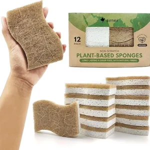 AIRNEX Natural Kitchen Sponges (12 Pack) - Biodegradable Cellulose & Coconut Scrubber Dish Sponges for Kitchen