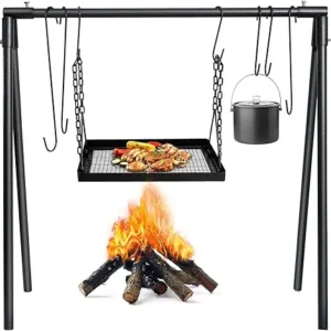 Campfire Swing Cooking Grill Stand, Collapsible Campfire Cooking Rack with Adjustable Iron Grill Grate