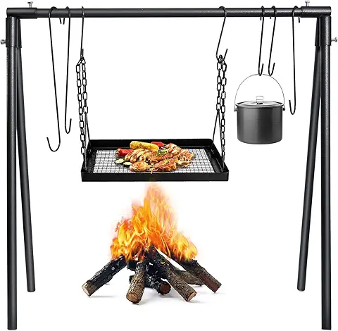 Campfire Swing Cooking Grill Stand, Collapsible Campfire Cooking Rack with Adjustable Iron Grill Grate