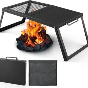 Odoland Folding Campfire Grill, Heavy Duty Steel Mesh Grate with Folding Legs and Storage Bag, Portable Camping Grates